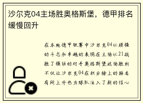 沙尔克04主场胜奥格斯堡，德甲排名缓慢回升
