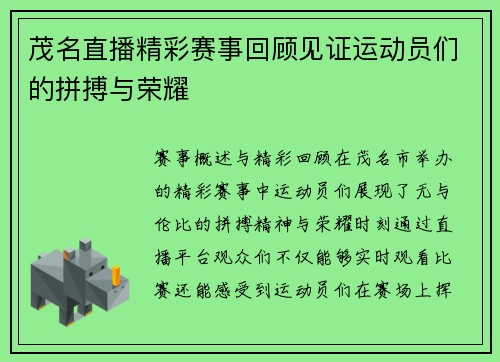 茂名直播精彩赛事回顾见证运动员们的拼搏与荣耀